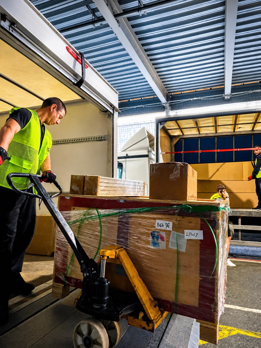 QM Transport delivering wooden export crates on the ExCeL show floor during build-up
